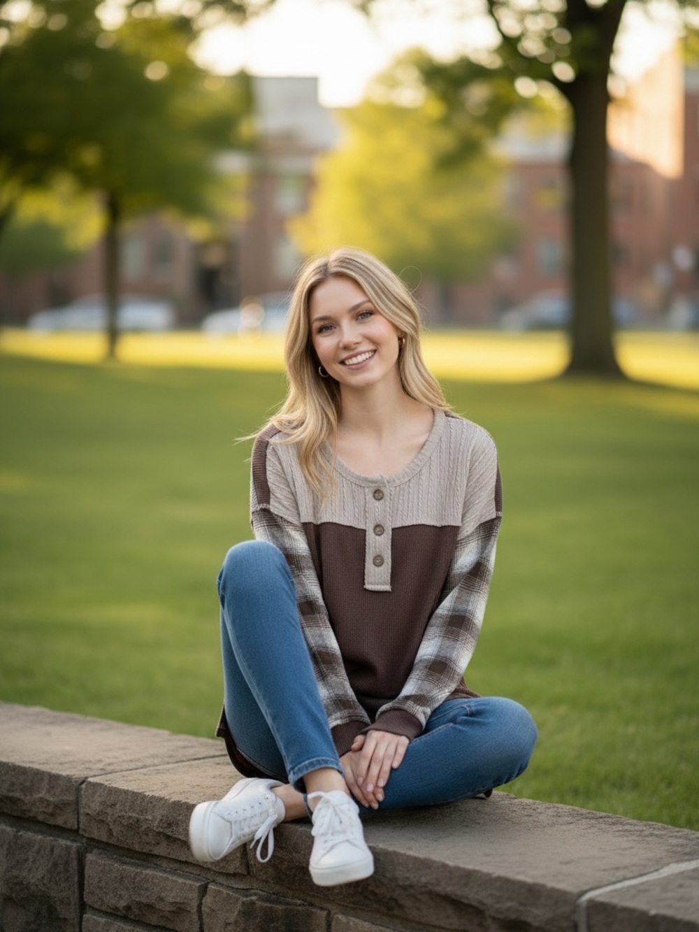 Hem & Thread Brown and Cream Mixed-Media Henley with Plaid Sleeves